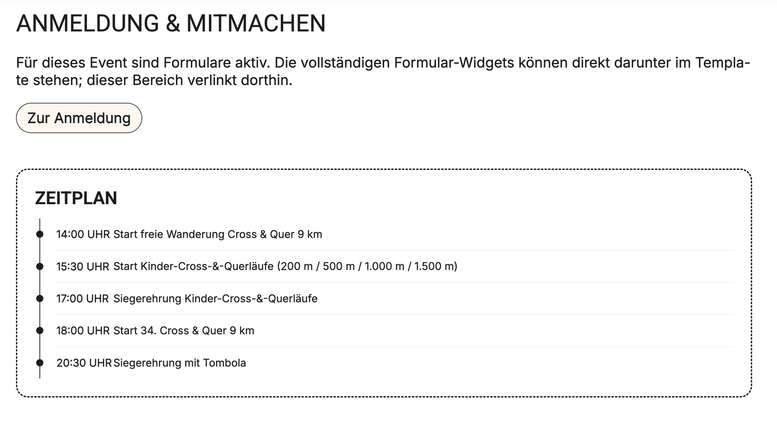 Zeitplan eines Events im Frontend