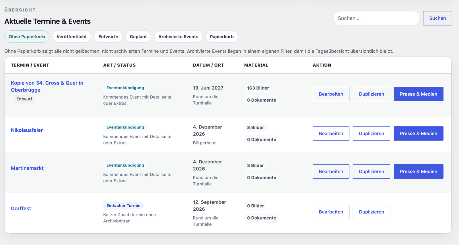 Termine & Events in der Admin-Übersicht