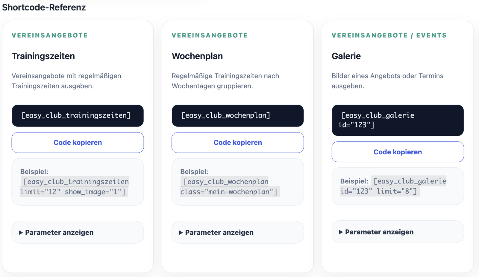 Zentrale Shortcode-Referenz in Easy Club
