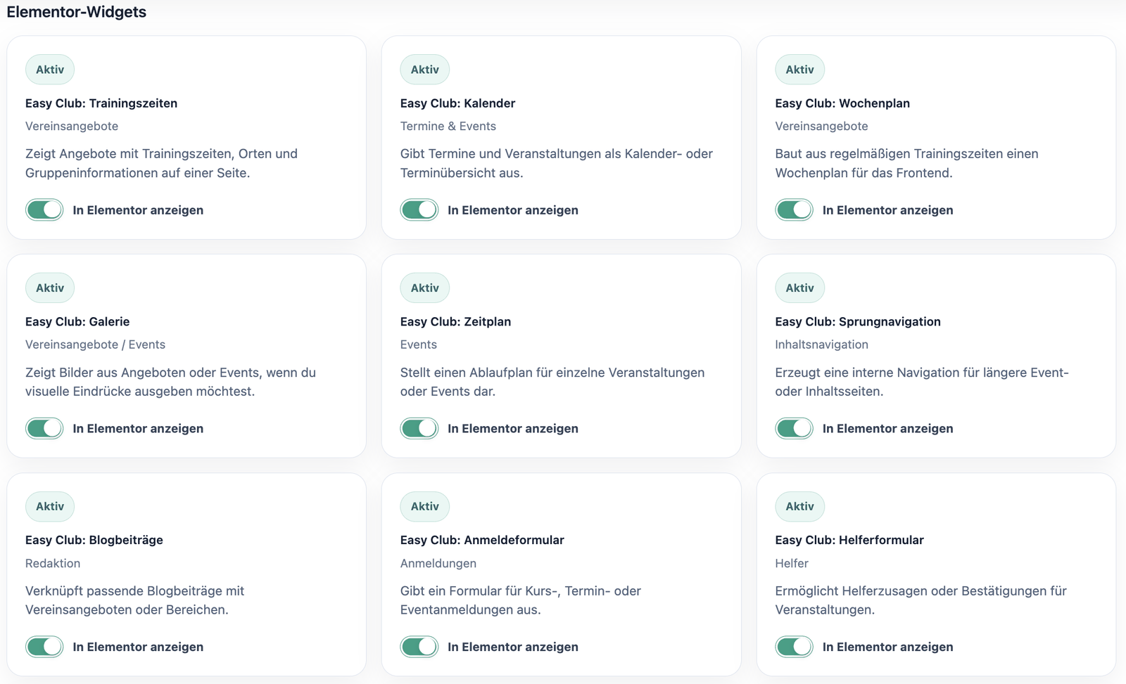 Zentrale Widget-Referenz in Easy Club